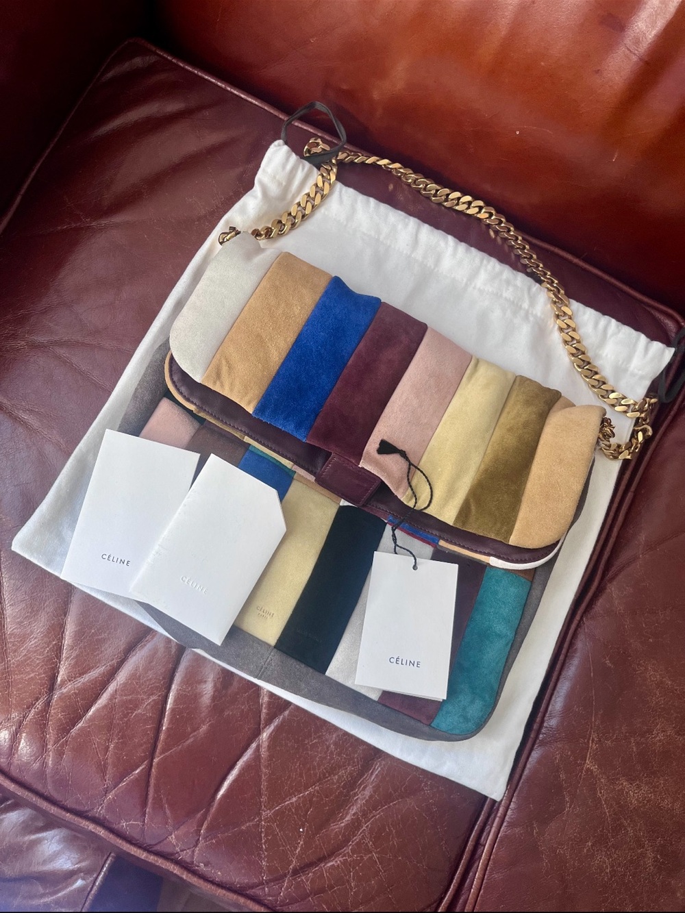 Celine Multicolor Striped Suede Shoulder Bag with Gold Chain